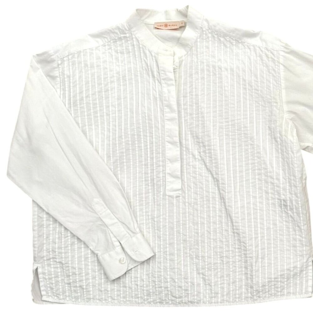 Tory Burch Oversized Pleated Cotton Blouse Size 0 Timeless Elegance Crisp White
